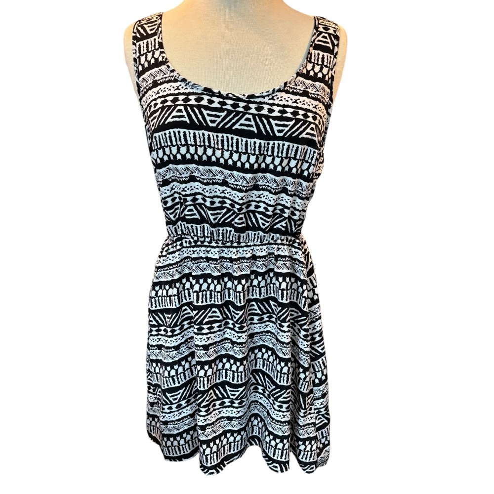 Ambiance Apparel Tribal Print Mesh Racerback Skater Dress Black White Large #373